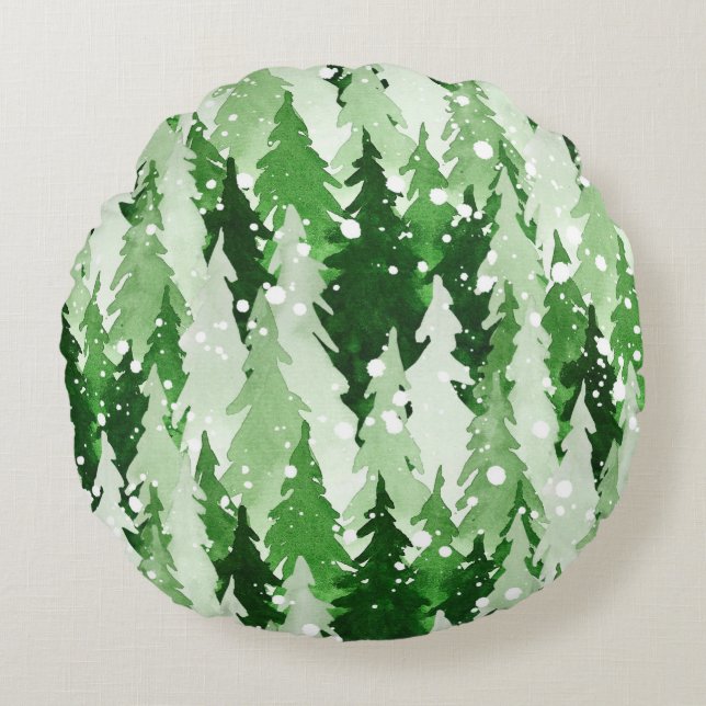 Seamless watercolor pattern with green pine trees  round cushion (Front)
