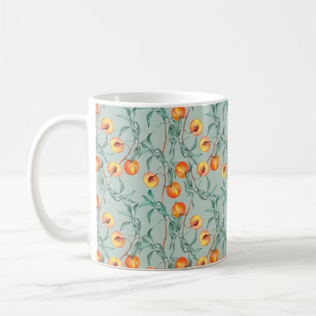 Seamless watercolor pattern with peaches and branc coffee mug (Left)