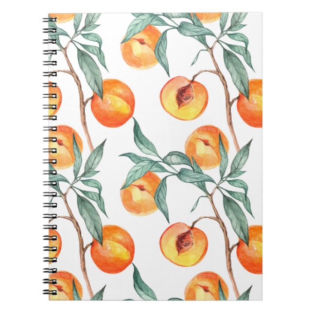 Seamless watercolor pattern with peaches on a whit notebook (Front)