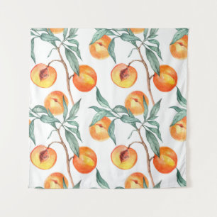 Seamless watercolor pattern with peaches on a whit tapestry
