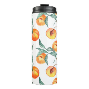Seamless watercolor pattern with peaches on a whit thermal tumbler