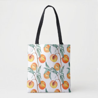 Seamless watercolor pattern with peaches on a whit tote bag