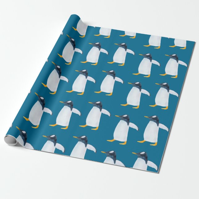 Seamless watercolor pattern with penguin wrapping paper (Unrolled)