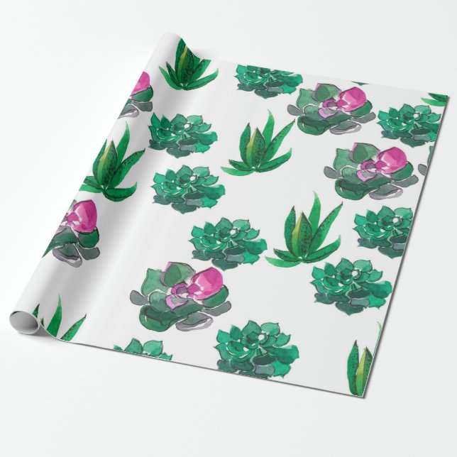 Seamless watercolor pattern with succulents wrapping paper (Unrolled)