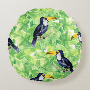 Seamless watercolor pattern with toucan on green l round cushion