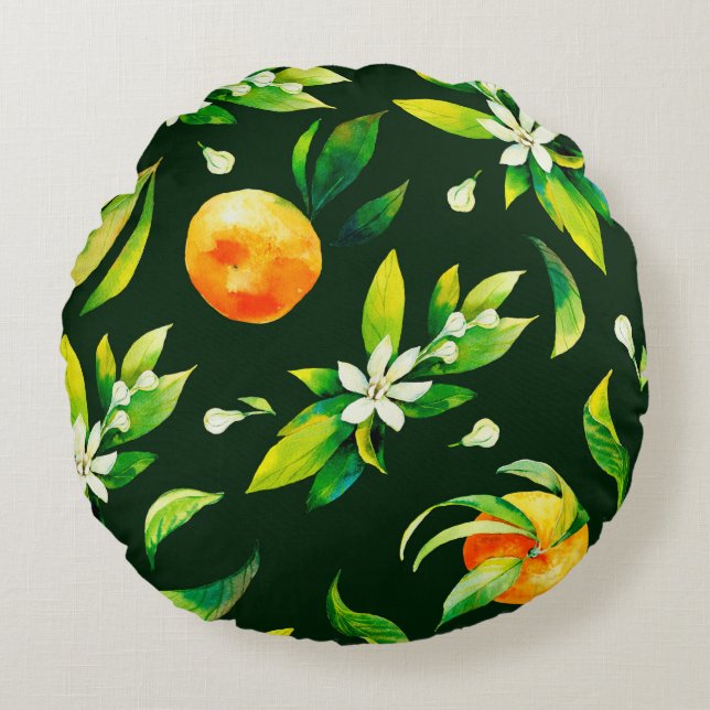 Seamless watercolour citrus fruits and leaves patt round cushion (Front)
