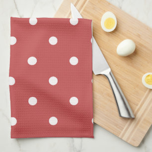 Seamless white polka dot pattern on red background tea towel