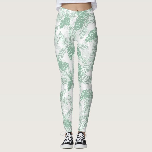 Seamless winter Christmas green pine cones tree pa Leggings (Front)