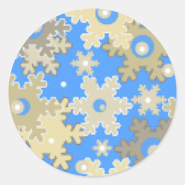 Seamless winter light blue beige pattern snowflake classic round sticker (Front)