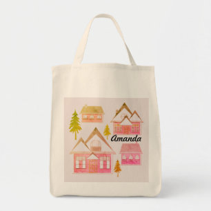 Seamless winter Merry Christmas landscape grey hou Tote Bag
