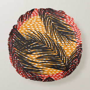 Seamless with black palm leaves and strokes  round cushion