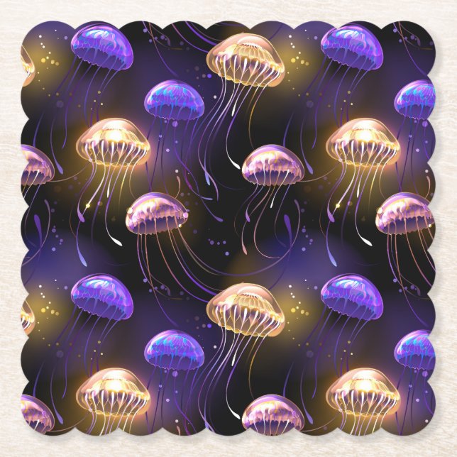 Seamless with glowing jellyfish paper coaster (Front)