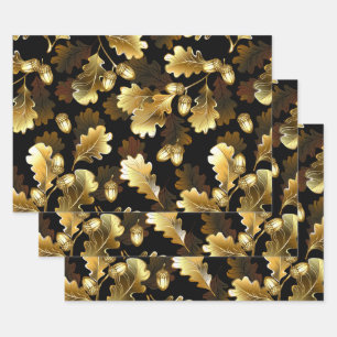 Seamless with golden oak branches on black wrapping paper sheet