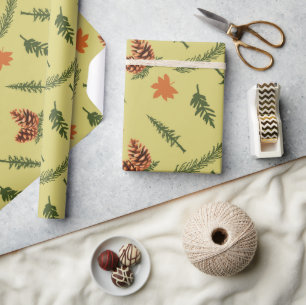 Seamless Wrapping Paper with Pinecones and Leaves