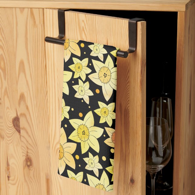 Seamless Yellow Watercolor Daffodil & Dots Pattern Tea Towel (Thirds Fold)