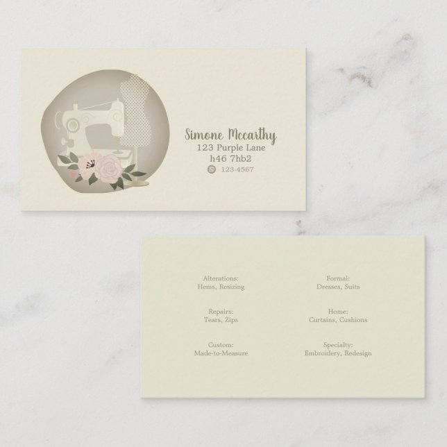Seamstress Business Card Sewing Machine Beige (Front/Back)