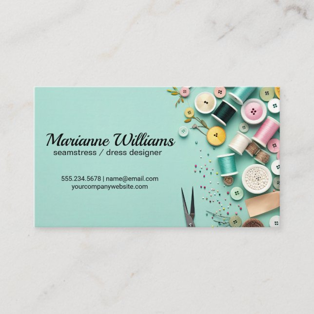 Seamstress | Buttons Spool Thread Business Card (Front)