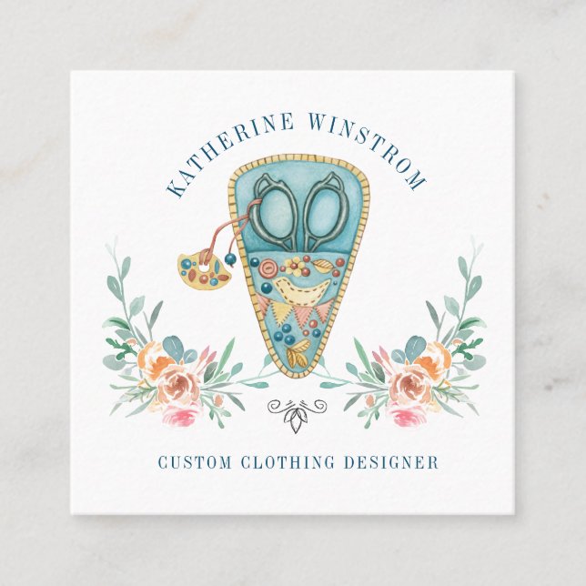 Seamstress Fashion Designer Sewing Blue Pink  Square Business Card (Front)