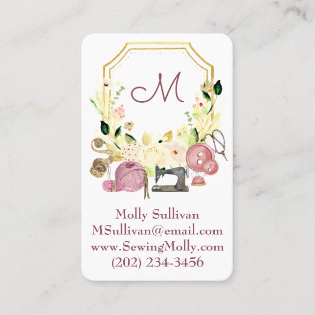 Seamstress Monogram Crest Sewing Business Card (Front)