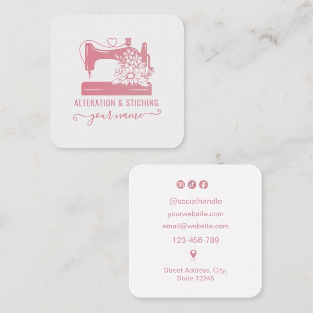 Seamstress Pink Sewing Machine Square Business Card (Front/Back)