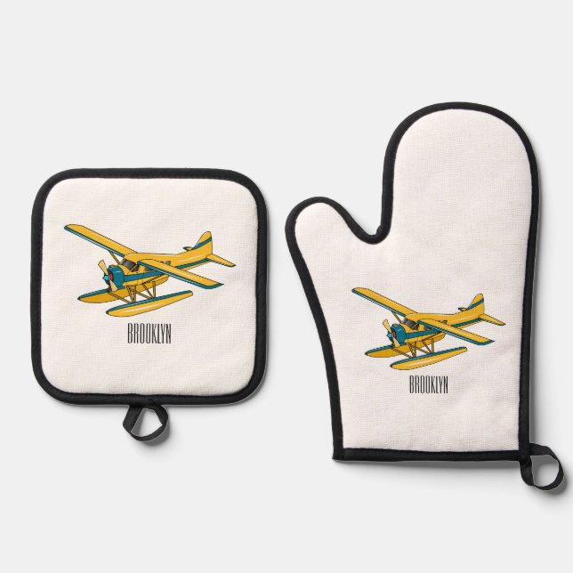 Seaplane cartoon illustration  oven mitt & pot holder set (Front)