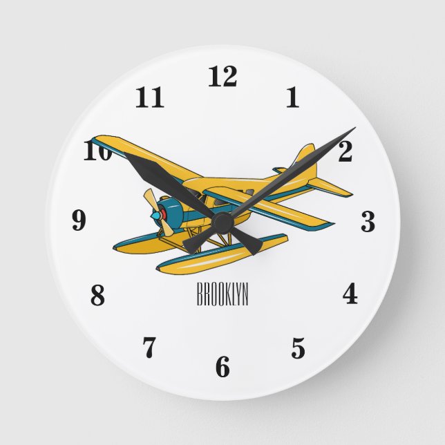 Seaplane cartoon illustration round clock (Front)