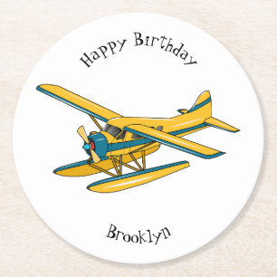 Seaplane cartoon illustration round paper coaster