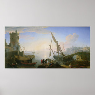Seaport with sunset poster