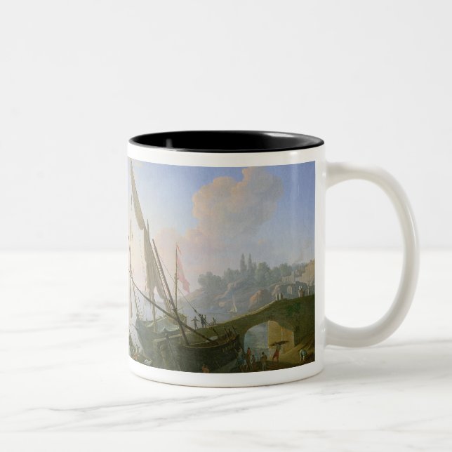 Seaport with sunset Two-Tone coffee mug (Right)