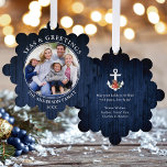 Seas and Greetings Anchor Blue Wood Print<br><div class="desc">Modern Seas and Greetings Christmas Holiday Photo Ornament Card - Navy Blue Blue Wood Print. Anchor topped with Watercolor Floral including red poinsettias,  pine cones and other beautiful winter greenery. This is a greeting card that is also an ornament.</div>