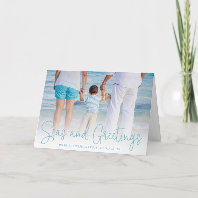Seas and Greetings Aqua Vacation Photo Christmas Holiday Card (Front)