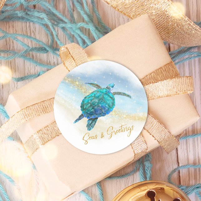 Seas and Greetings Beach Sea Turtle Coastal  Classic Round Sticker (Creator Uploaded)