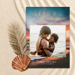 Seas and Greetings Beach Sunset Painting Photo<br><div class="desc">These beautiful holiday photo cards feature a beach sunset painting in the background and a rectangular (almost square) photo template. Stylish, modern typography reads, "Seas & Greetings" in real foil. The back is dark teal blue - Leave as is or customise the colour, if desired. Add more photos to the...</div>