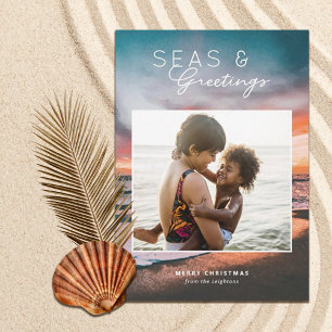 Seas and Greetings Beach Sunset Painting Photo Ho Holiday Card