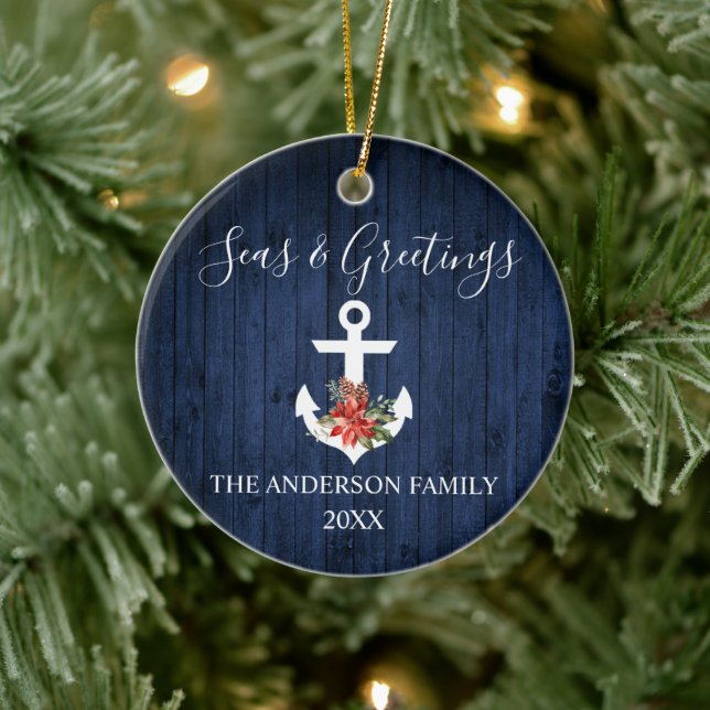 Seas and Greetings Blue Wood Poinsettia Anchor Ceramic Tree Decoration (Tree)