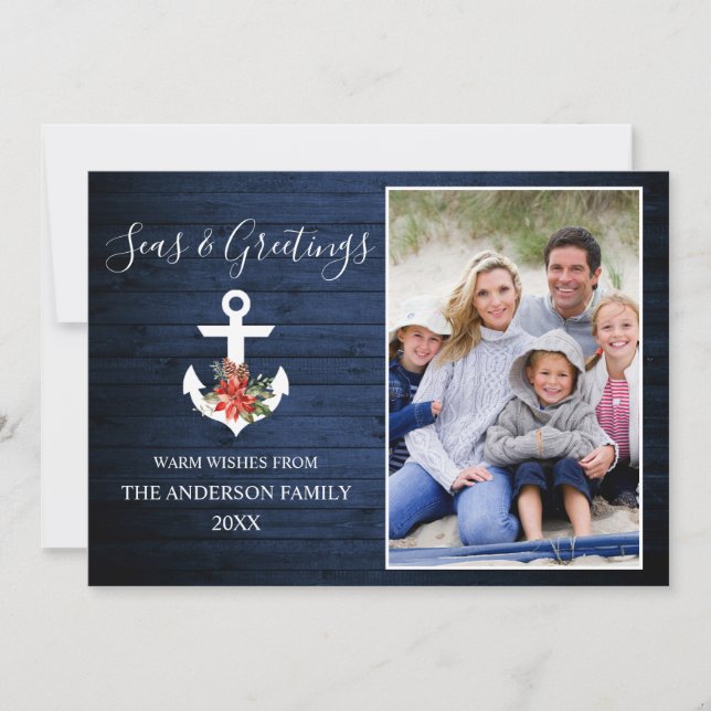 Seas and Greetings Blue Wood Poinsettia Anchor  Holiday Card (Front)