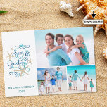 SEAS AND GREETINGS Coastal Christmas Photo Collage Holiday Card<br><div class="desc">Fun coastal Christmas greeting SEAS AND GREETINGS in an elegant script typography design in aqua turquoise watercolor with starfish accents and three photos. PHOTO TIP: For fastest/best results, choose photos with the subject in the middle and/or pre-crop it to a similar shape as shown BEFORE uploading. Contact the designer via...</div>