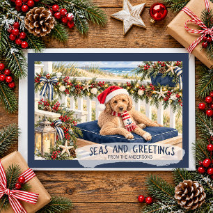 Seas and Greetings Coastal Goldendoodle Christmas Holiday Card