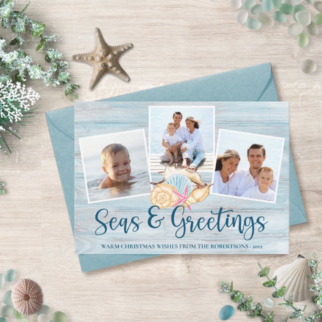 Seas and Greetings Coastal Wood Photo Holiday Card (Creator Uploaded)