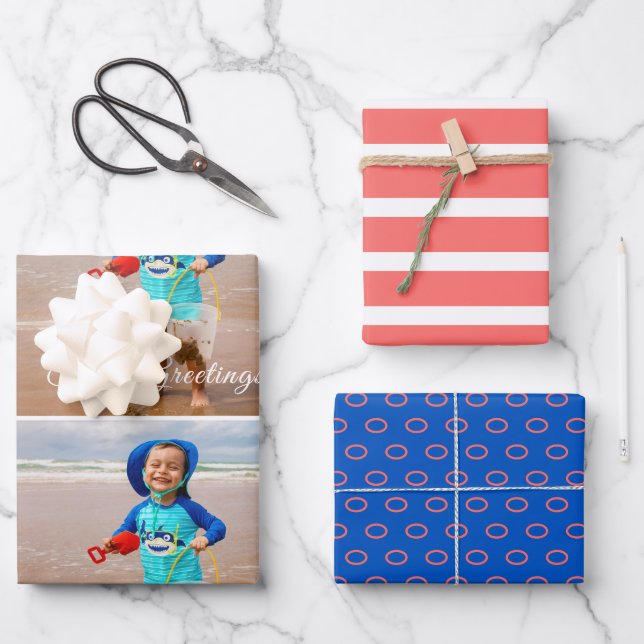 Seas and Greetings Costal Blue Coral Photo Wrapping Paper Sheet (Front)