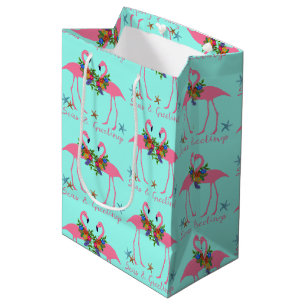 Seas and Greetings Flamingos Turquoise Christmas Medium Gift Bag