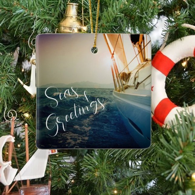 Seas and Greetings Nautical Christmas Ceramic Ornament (Creator Uploaded)