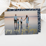 Seas and Greetings | Nautical Photo<br><div class="desc">Send holiday greetings to friends and family in nautical style with these coastal chic holiday photo cards. Design features your favourite photo with "seas and greetings" overlaid in gold foil hand sketched lettering. Personalise with your names and the year. Cards reverse to a white nautical rope pattern on coastal aqua....</div>