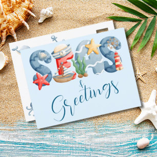 Seas and Greetings Nautical Watercolor Holiday Postcard