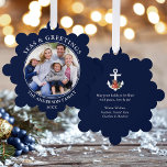 Seas and Greetings Photo Poinsettia Anchor Blue<br><div class="desc">Modern Seas and Greetings Christmas Holiday Photo Ornament Card - Navy Blue Background. Anchor topped with Watercolor Floral including red poinsettias,  pine cones and other beautiful winter greenery. This is a greeting card that is also an ornament.</div>
