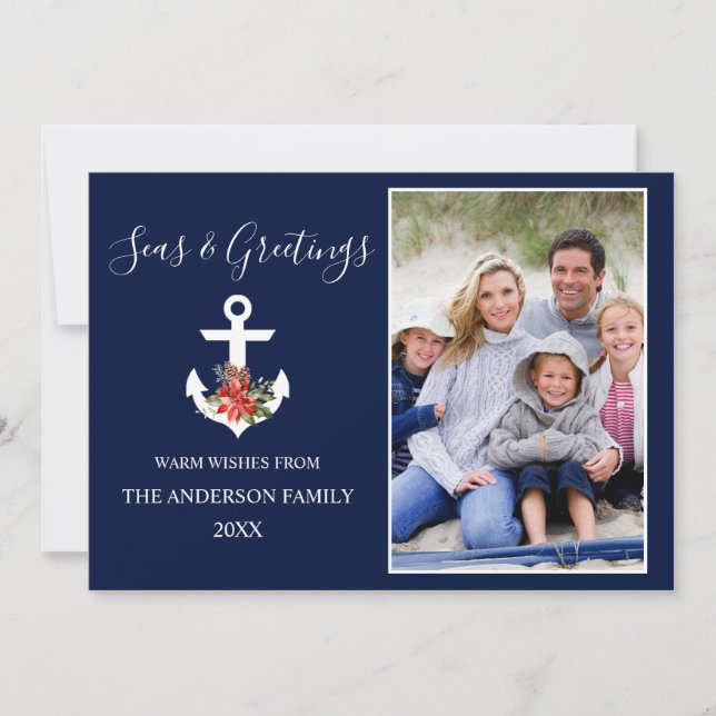 Seas and Greetings Poinsettia Anchor Photo Blue Holiday Card (Front)