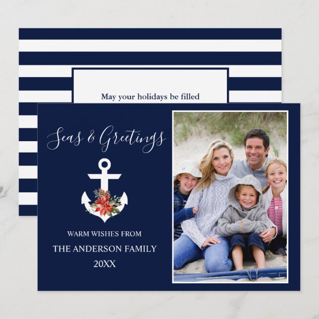 Seas and Greetings Poinsettia Anchor Photo Striped Holiday Card (Front/Back)