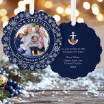 Seas and Greetings Poinsettia Anchor Snowflakes<br><div class="desc">Modern Seas and Greetings Christmas Holiday Photo Ornament Card - Navy Blue and White Snowflakes Background. Anchor topped with Watercolor Floral including red poinsettias,  pine cones and other beautiful winter greenery. This is a greeting card that is also an ornament.</div>