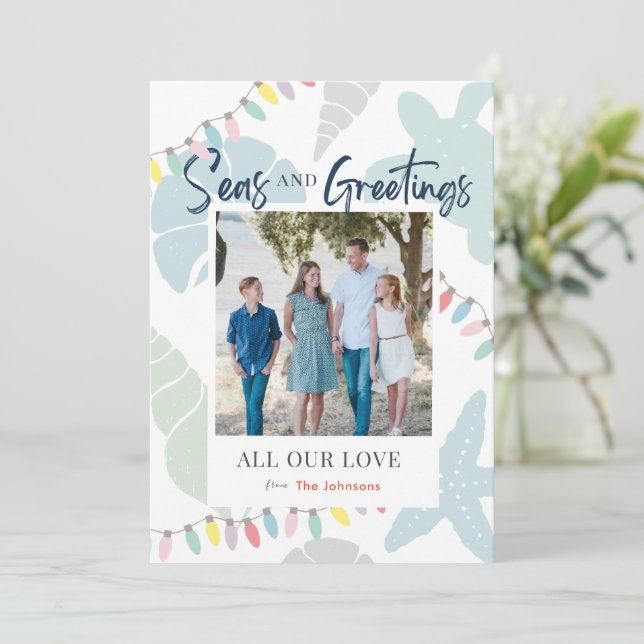 Seas and Greetings Seashell Holiday Photo Card (Standing Front)