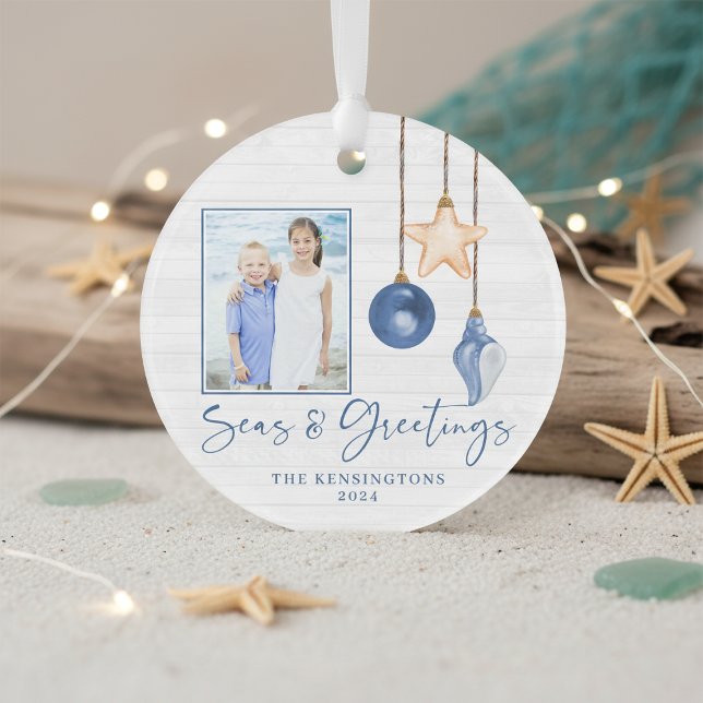Seas and Greetings Seashell Holiday Photo Ornament (Creator Uploaded)